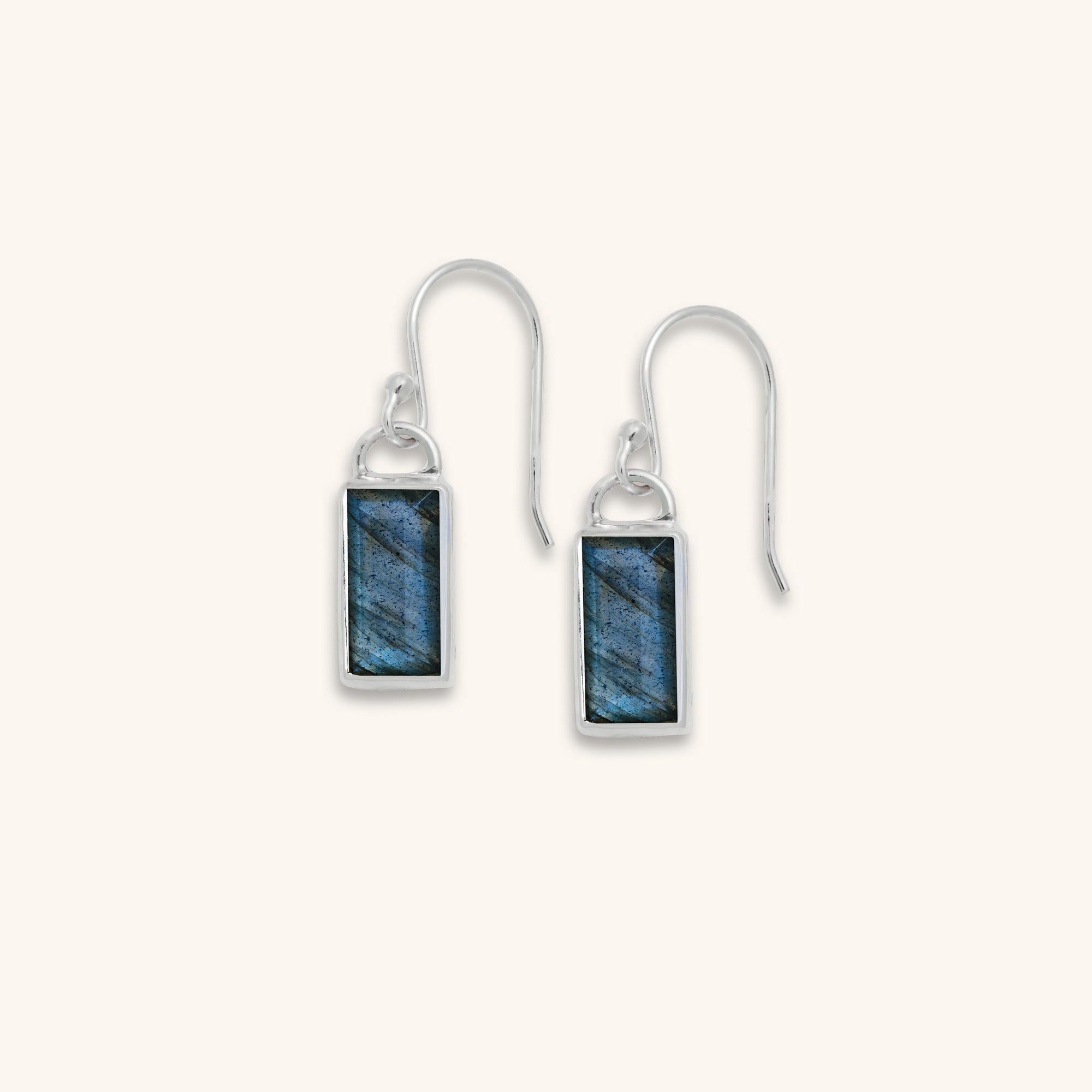a pair of sterling silver Baguette Labradorite Earrings with royal blue colour flash