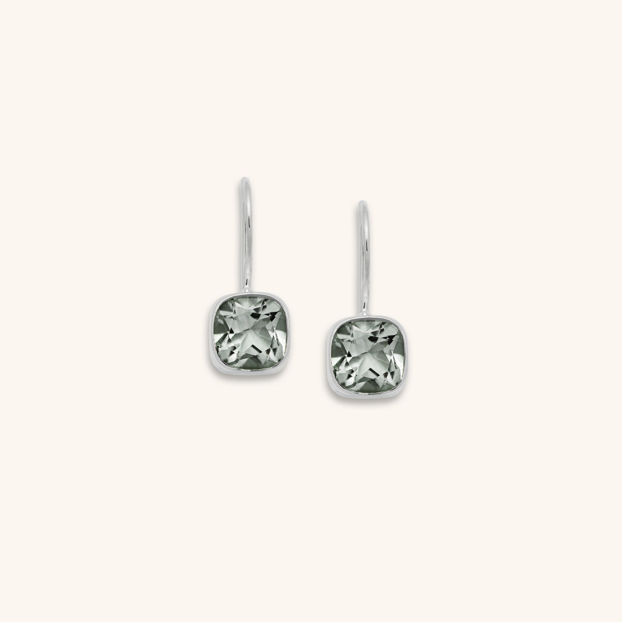 facet-cut Green Amethyst Earrings front view set in sterling silver