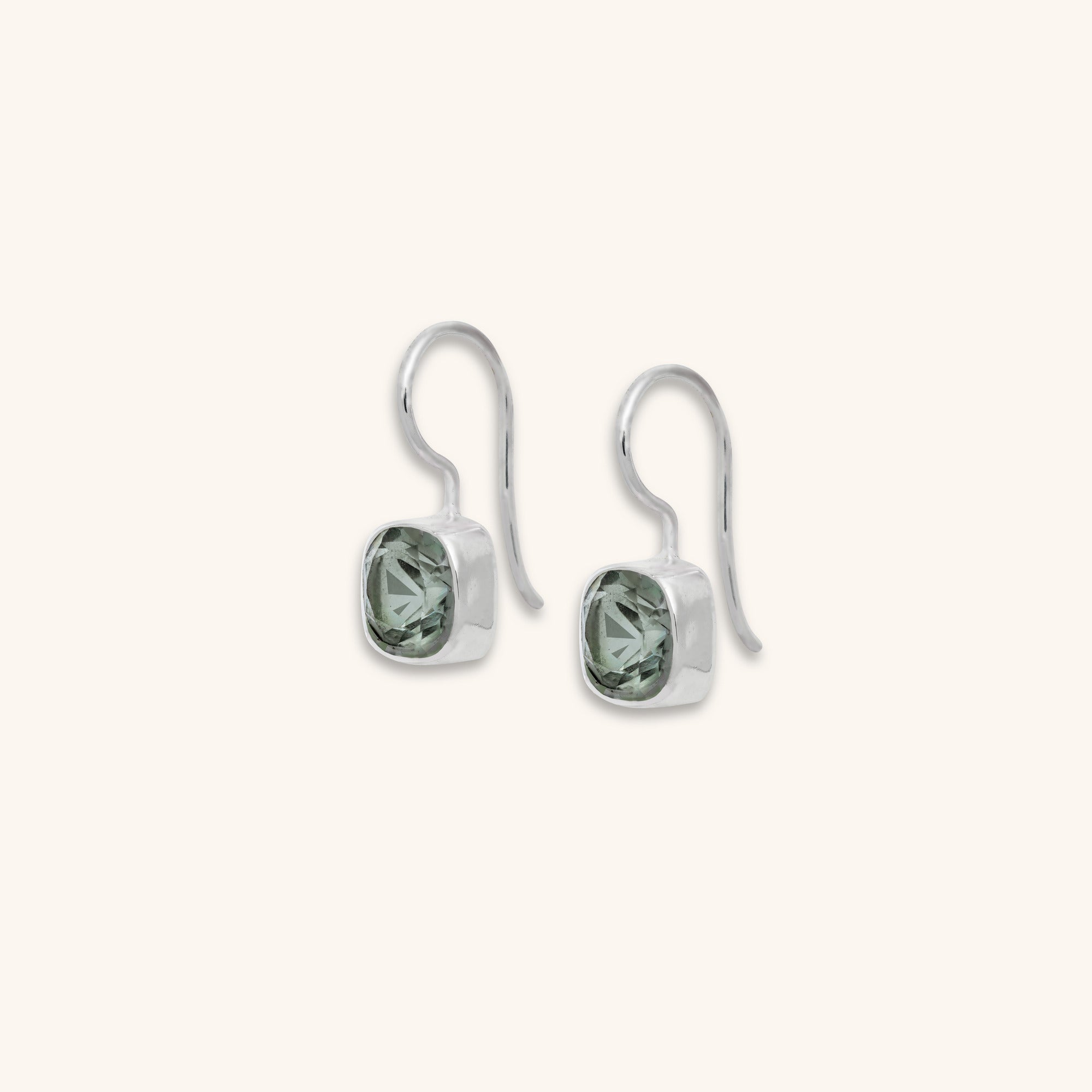 facet-cut Green Amethyst Earrings side view set in sterling silver