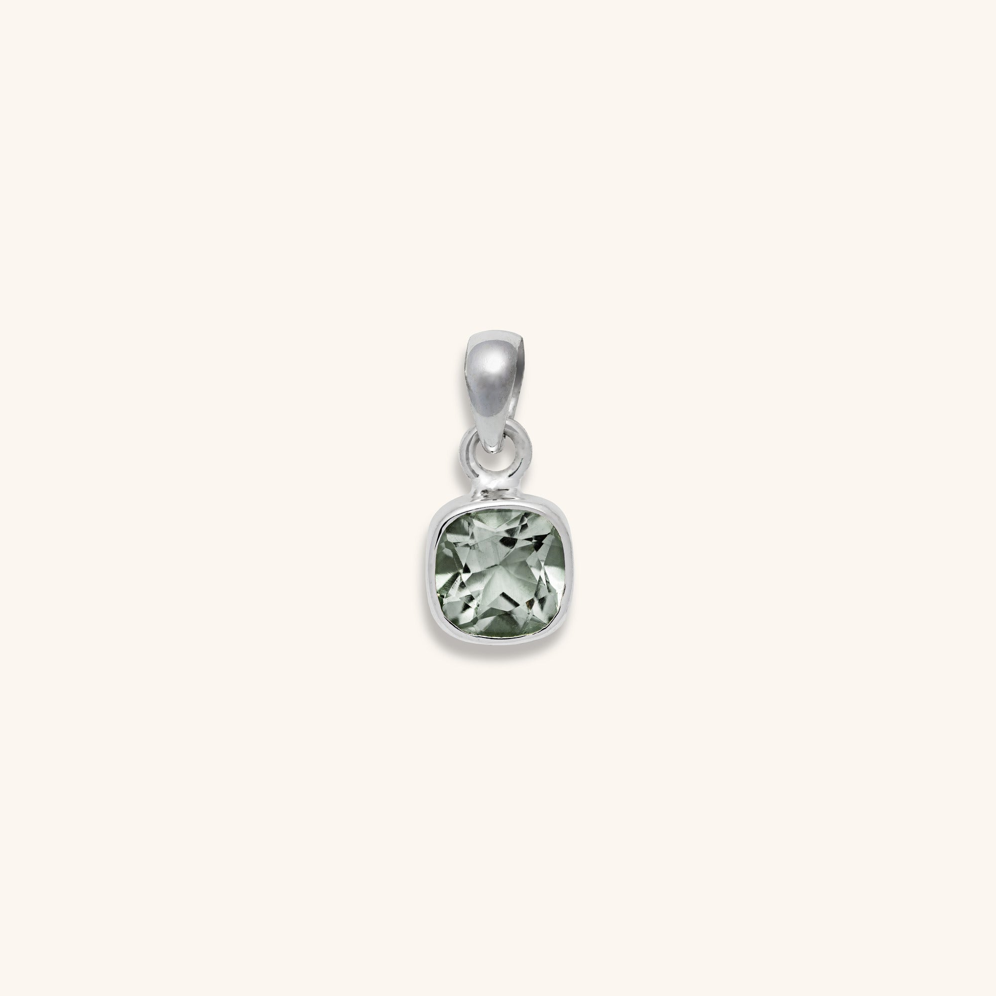 facet-cut Green Amethyst pendant front view set in sterling silver