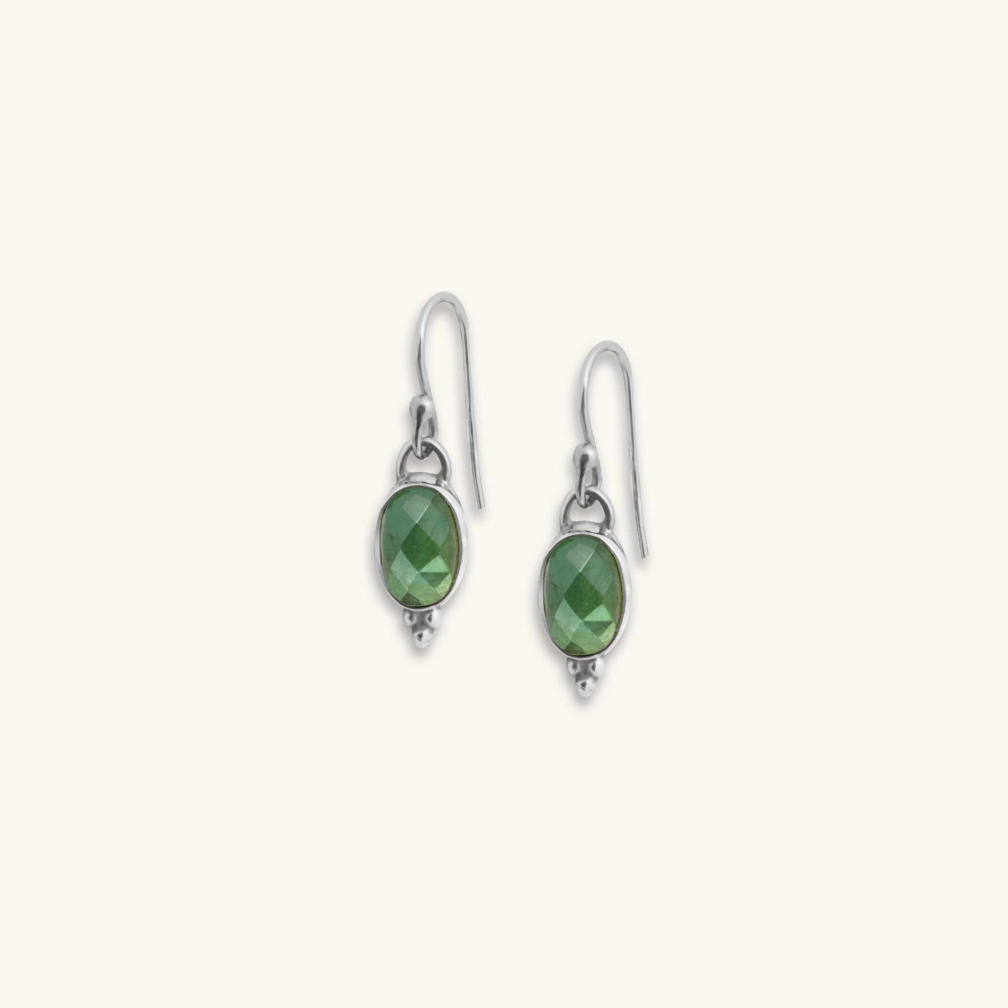 a pair of gemstone rose-cut Green Tourmaline bezel set sterling silver dangle earrings with silver ball decoration