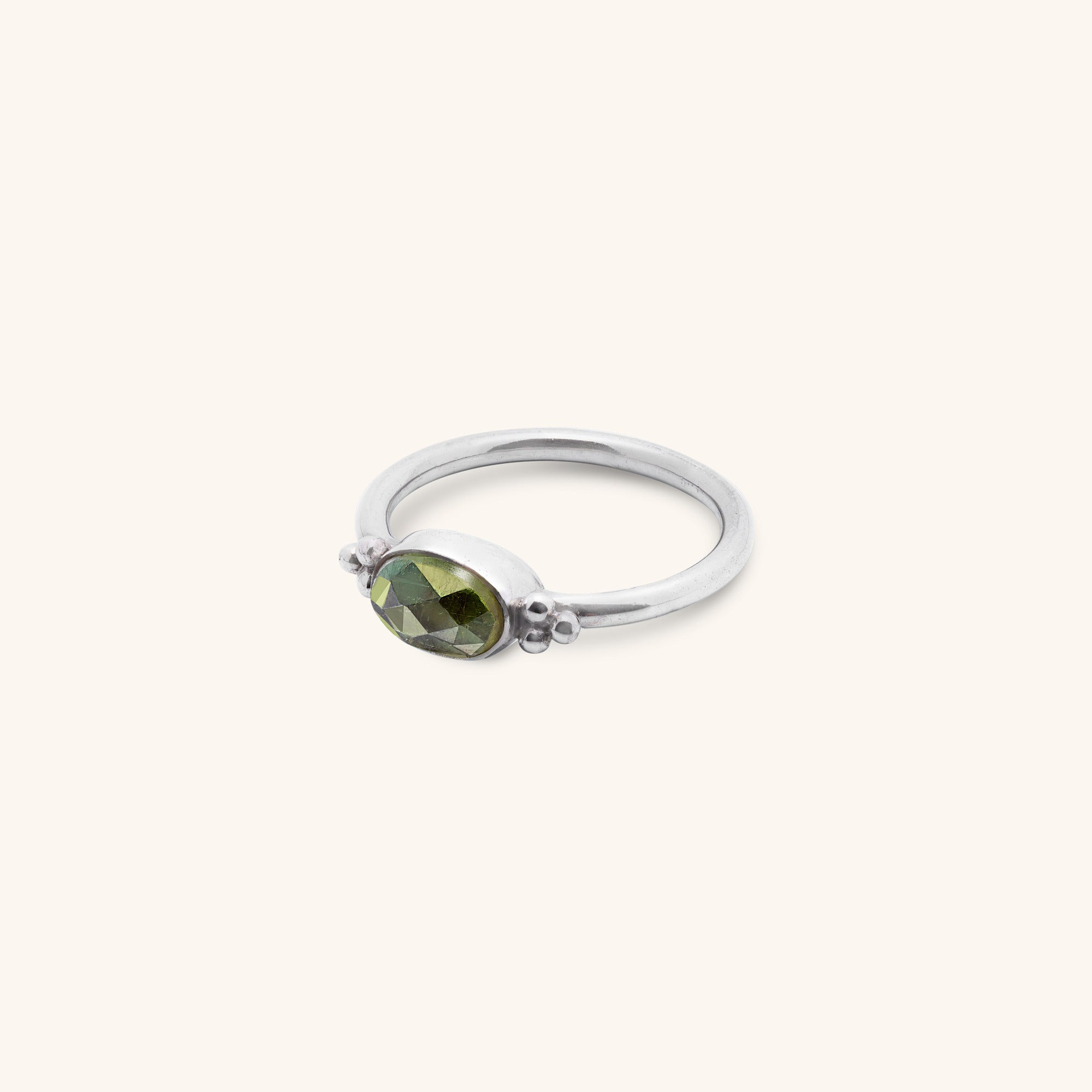 gemstone rose-cut Green Tourmaline bezel set sterling silver ring with silver ball decoration