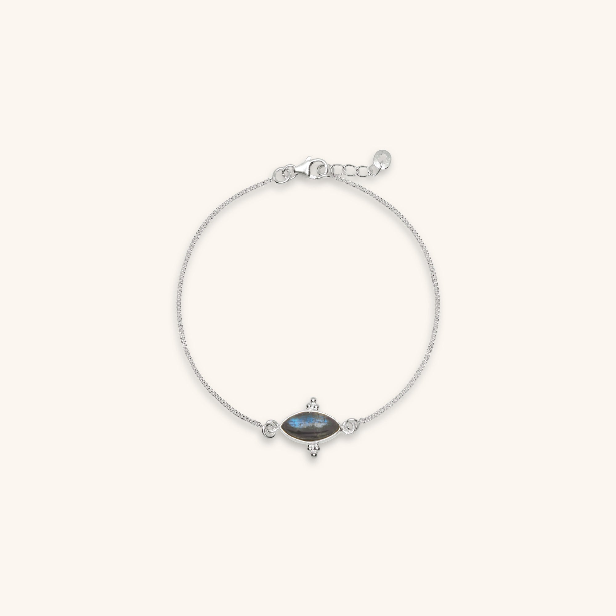 labradorite marquise shaped sterling silver bracelet with 3 silver ball decoration