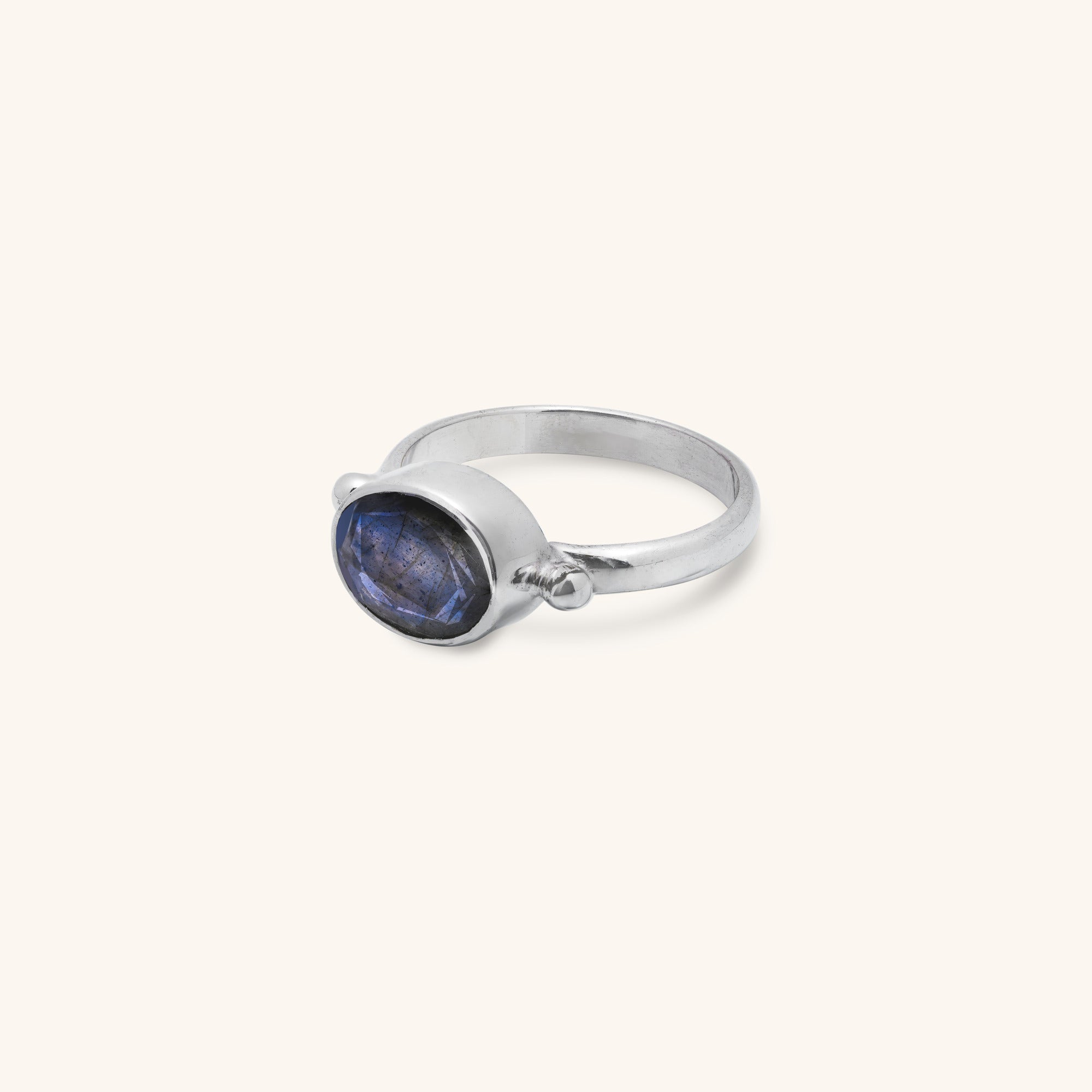 sterling silver oval shaped blue labradorite ring with facets and silver dot decoration on either side