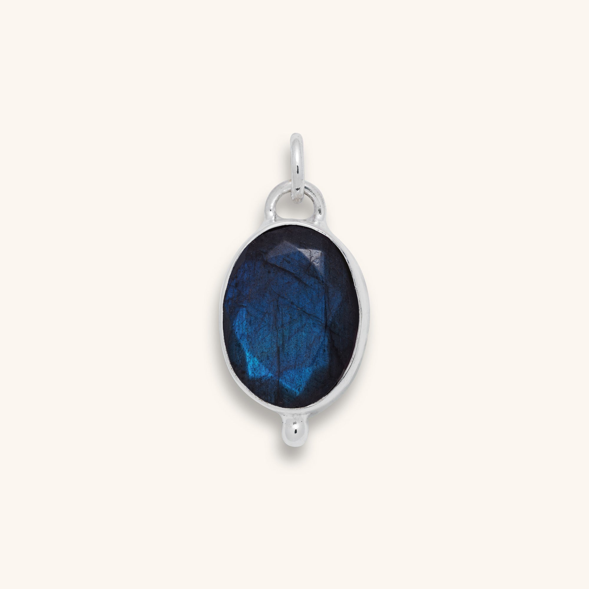 sterling silver oval shaped blue labradorite gemstone pendant with facets and silver dot decoration
