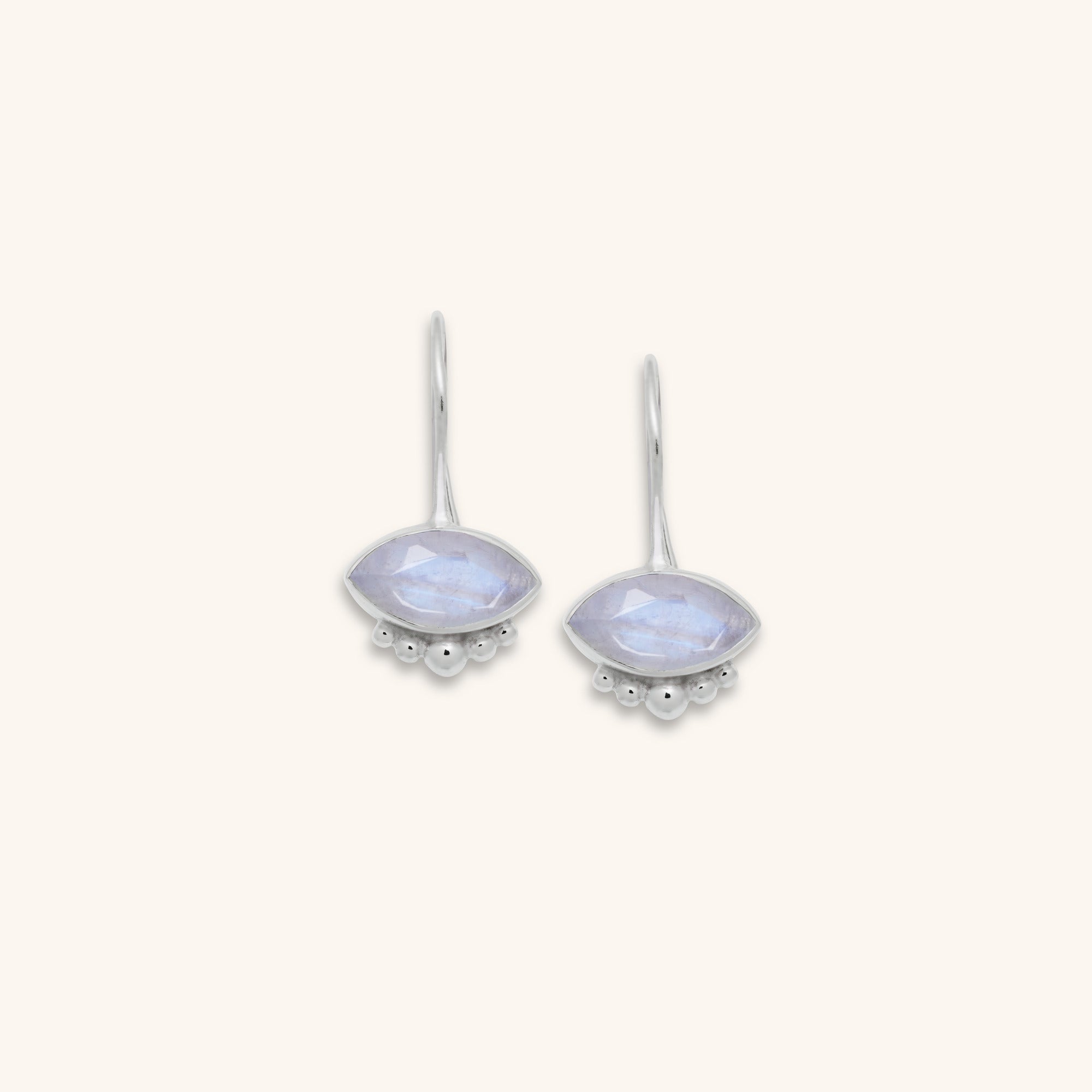 Marquise Rainbow Moonstone bezel set sterling silver drop earrings with silver ball decoration front view