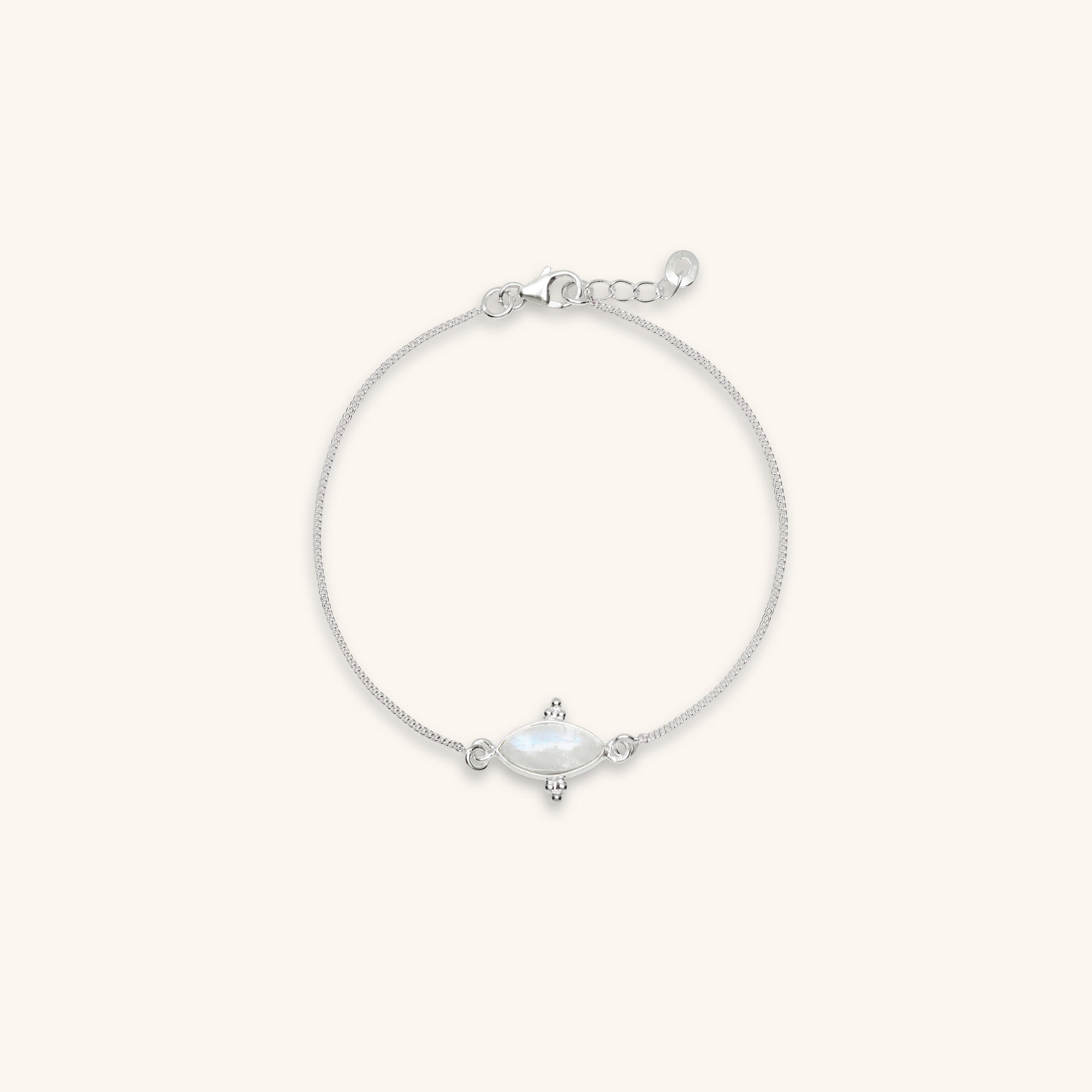 moonstone marquise bracelet with trio of silver balls decoration made in sterling silver
