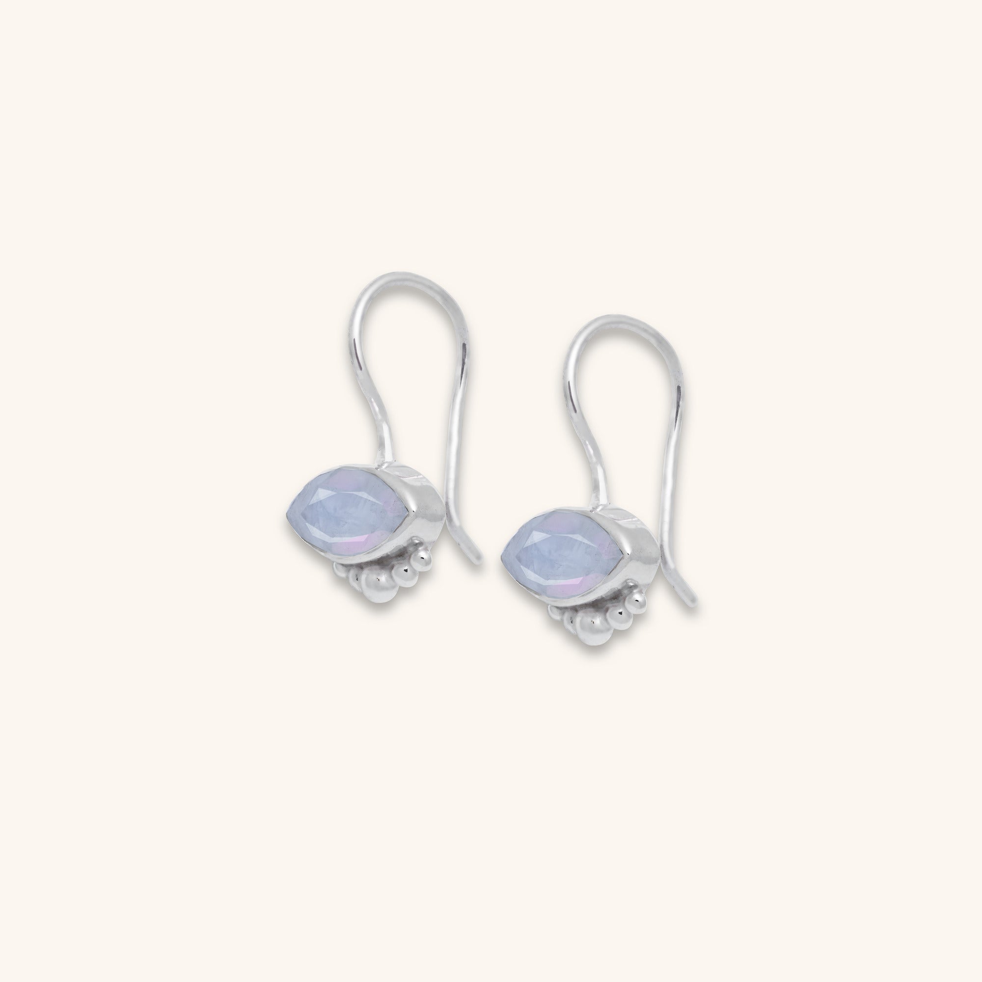 Marquise Rainbow Moonstone bezel set sterling silver drop earrings with silver ball decoration side view