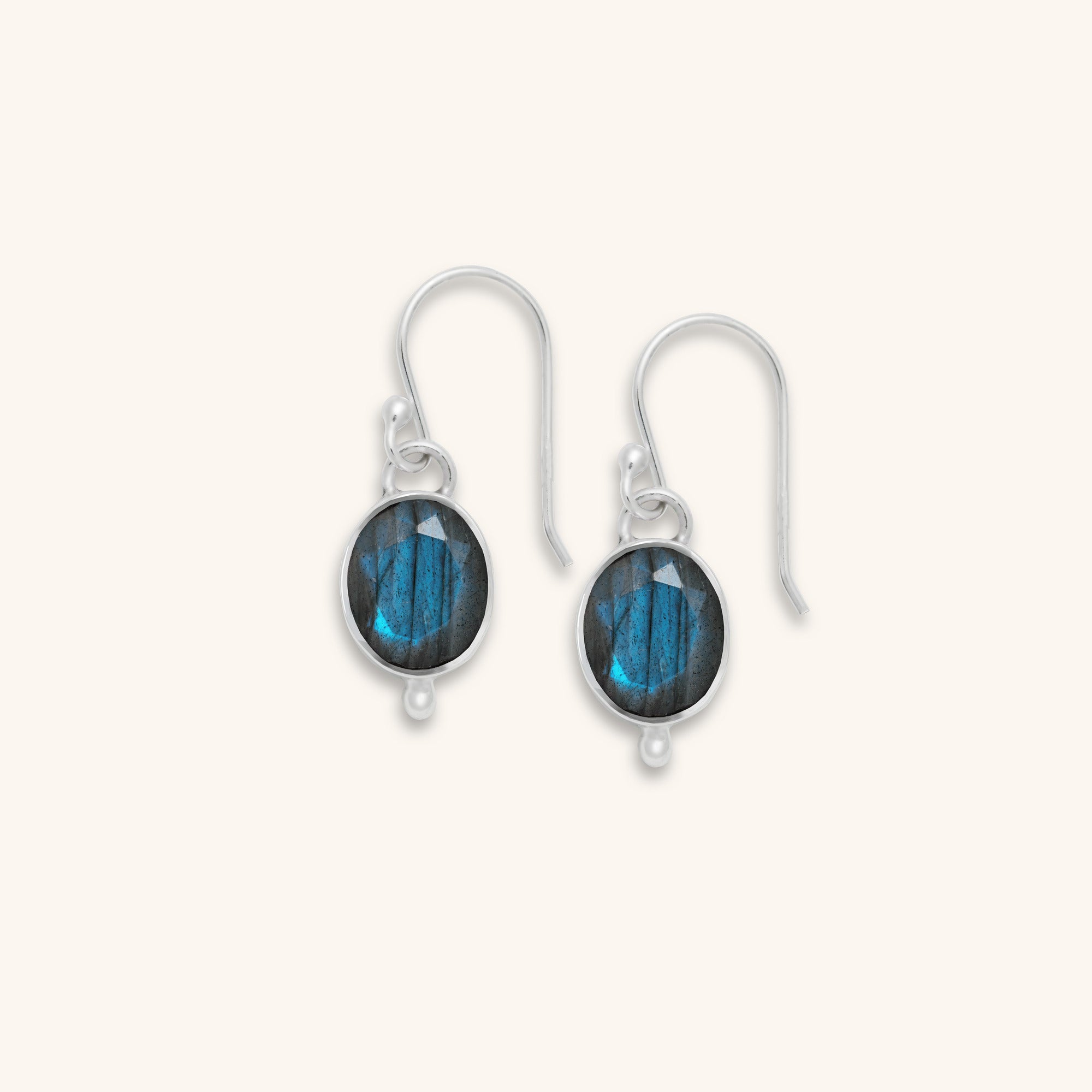 sterling silver oval shaped blue labradorite dangle earrings with facets and silver dot decoration