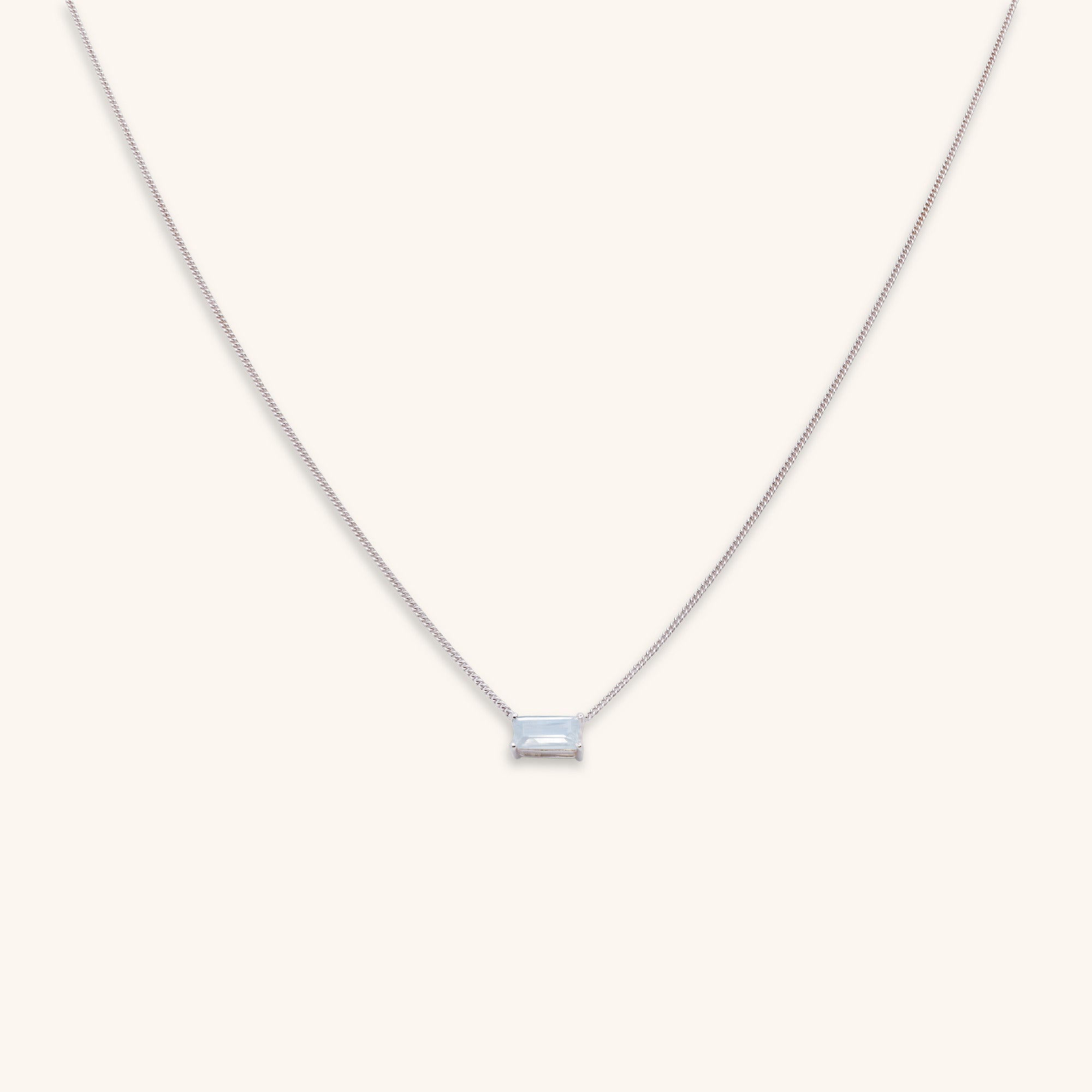 sterling silver baguette shaped horizontal moonstone gemstone claw set necklace with facets