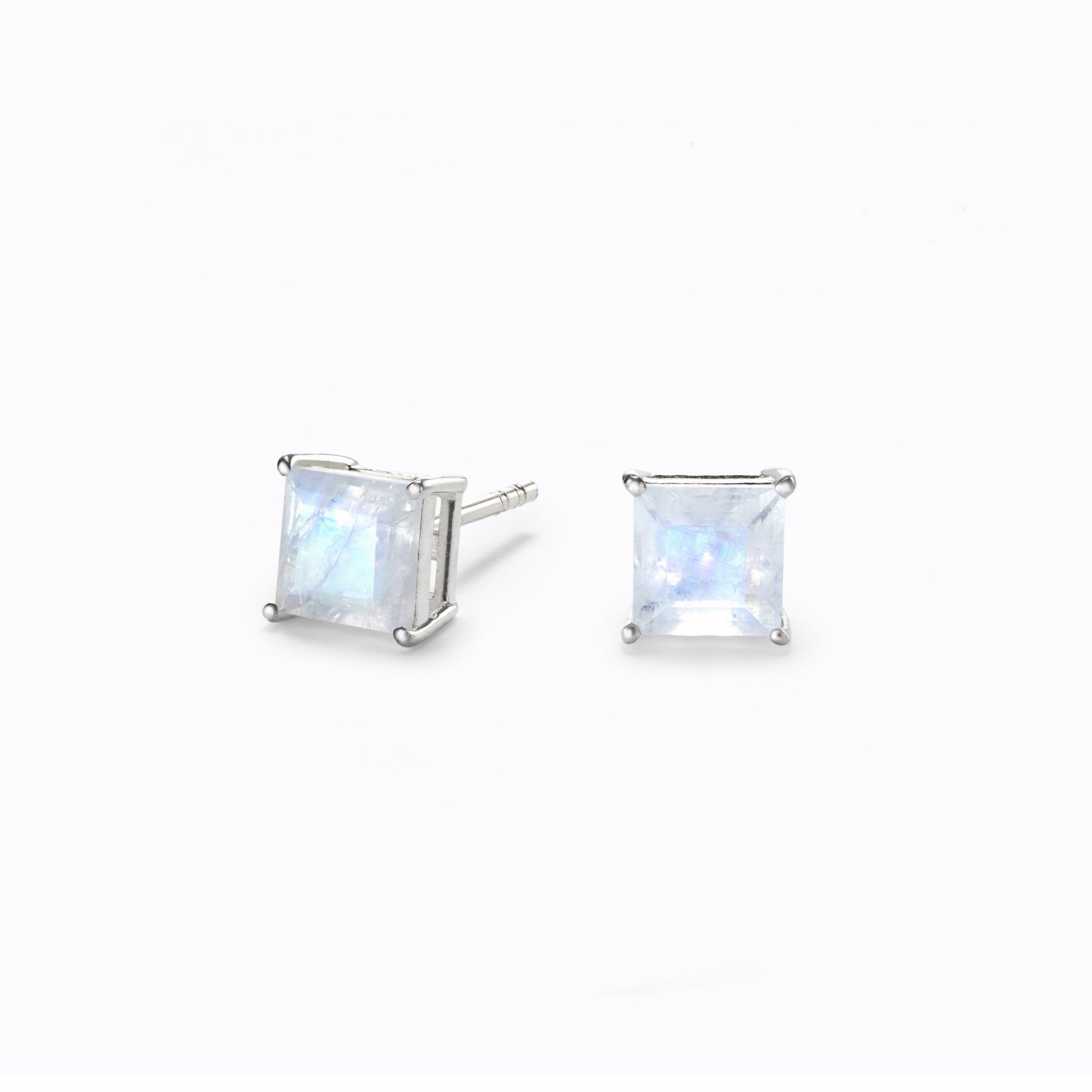Large square rainbow moonstone silver studs with white background