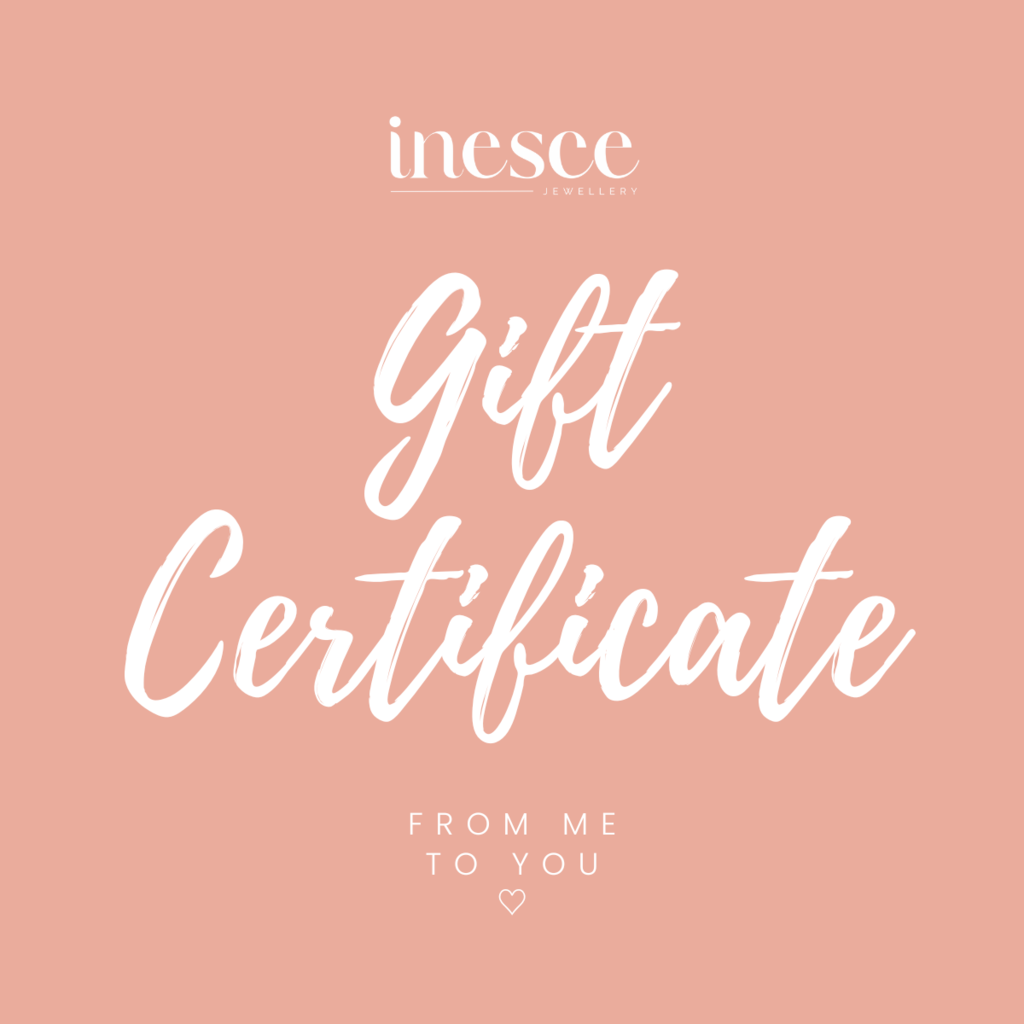 inesce jewellery gift certificate coral background white text from your to me with a heart